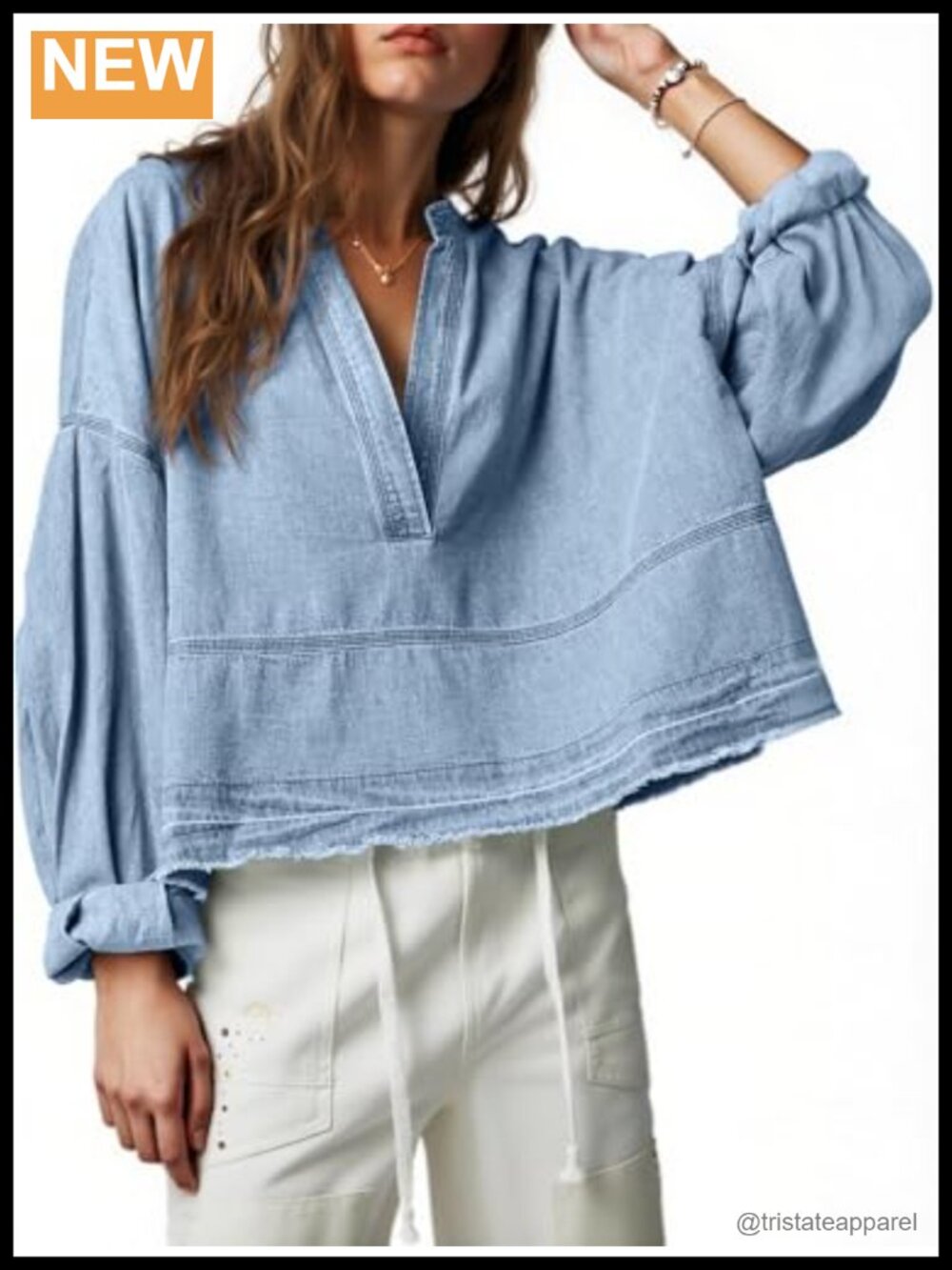 Women's Cotton Denim Puff Long Sleeve V-Neck Casual Western Top